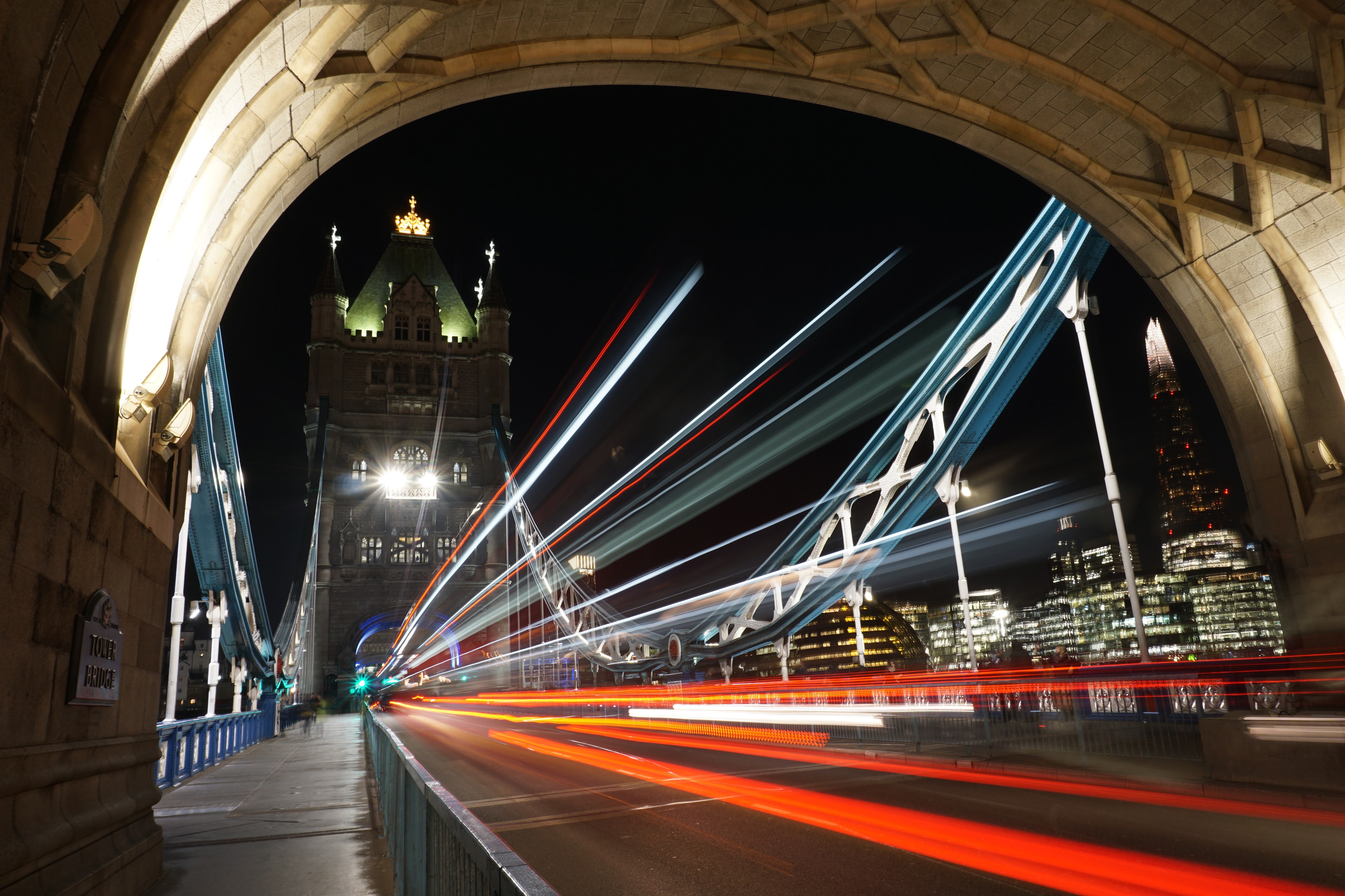 London Tower Bridge with night traffic trails
