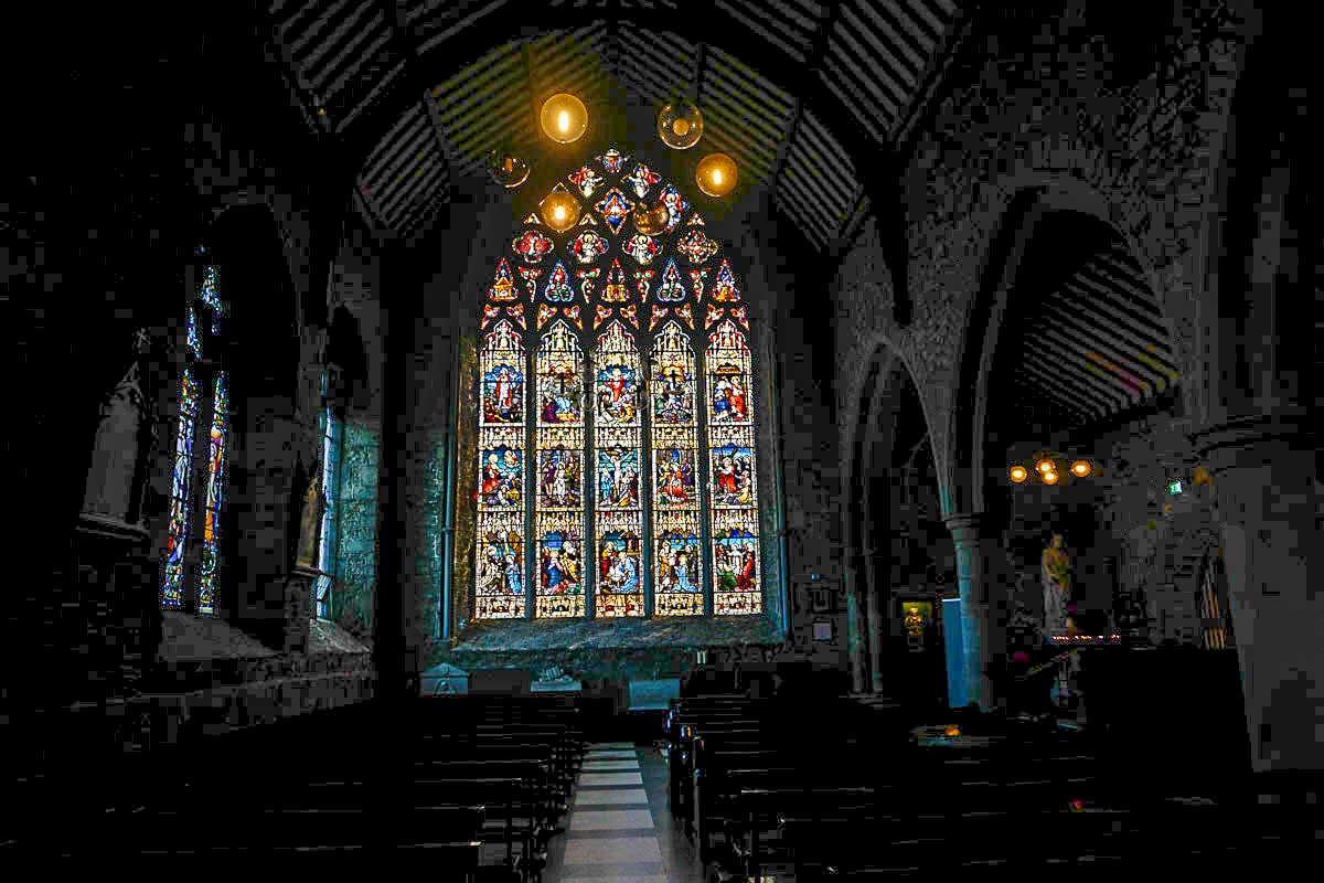 Gothic cathedral stained glass window interior